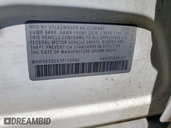 2007 Volkswagen Passat 2.0T with VIN WVWEK73CX7P110960, listed as a Copart auction lot 56097745 with 204,694 mi miles and Salvage title. Bid and sale history available at DreamBid. Image 12.
