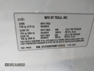 2021 Tesla Model Y Standard Range with VIN 5YJYGDED3MF103650, listed as a IAAI auction lot 41726278 with Not Provided miles and . Bid and sale history available at DreamBid. Image 9.