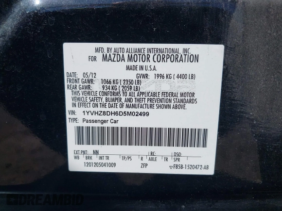 2013 Mazda 6 i Touring with VIN 1YVHZ8DH6D5M02499, listed as a IAAI auction lot 41666852 with 153,270 mi miles and . Bid and sale history available at DreamBid. Image 9.