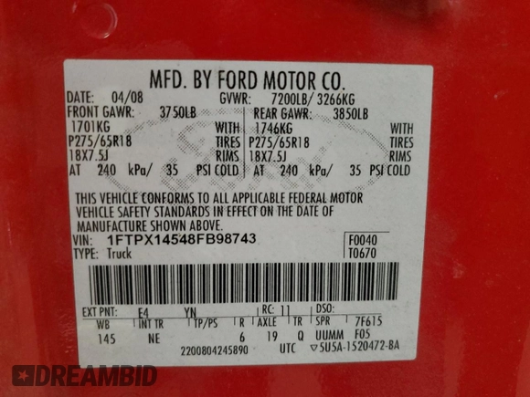 2008 Ford F-150 XLT with VIN 1FTPX14548FB98743, listed as a Copart auction lot 53131935 with 158,678 mi miles and Clean Title. Bid and sale history available at carsss.com. Image 12.