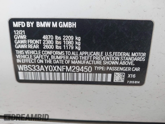 2022 BMW M3 Competition z VIN WBS33AY0XNFM29450, wystawiony jako IAAI lot #41609392 z przebiegiem 22 776 mil mil oraz . Historia ofert i sprzedaży dostępna na DreamBid. Obrazek 9.