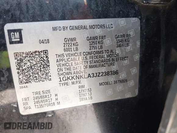 2018 GMC Acadia SLE with VIN 1GKKNKLA3JZ238386, listed as a IAAI auction lot 42002272 with 1 mi miles. Bid and sale history available at carsss.com. Image 9.