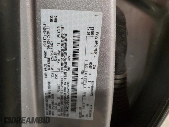 2020 Ford Escape SE with VIN 1FMCU9G69LUC25638, listed as a Copart auction lot 49411225 with 106,990 mi miles and Salvage Title. Bid and sale history available at DreamBid. Image 13.