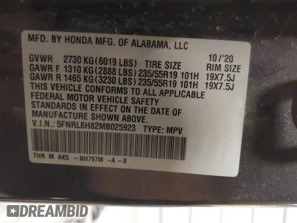 2021 Honda Odyssey Touring with VIN 5FNRL6H82MB025923, listed as a IAAI auction lot 42104290 with 61,178 mi miles and . Bid and sale history available at DreamBid. Image 9.