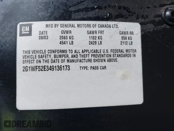 2004 Chevrolet Impala with VIN 2G1WF52E349136173, listed as a IAAI auction lot 41572743 with 163,280 mi miles. Bid and sale history available at carsss.com. Image 9.