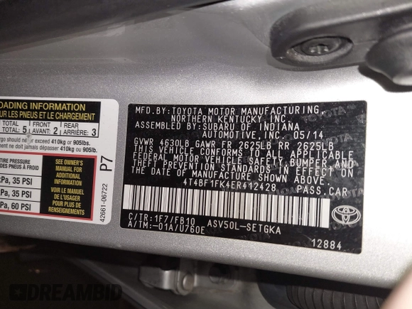 2014 Toyota Camry L with VIN 4T4BF1FK4ER412428, listed as a IAAI auction lot 41573095 with 130,000 mi miles. Bid and sale history available at carsss.com. Image 9.