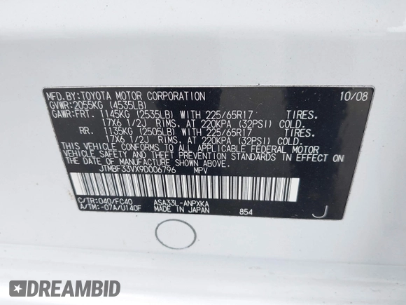 2009 Toyota RAV4 with VIN JTMBF33VX9D006796, listed as a IAAI auction lot 42058558 with 183,003 mi miles and . Bid and sale history available at DreamBid. Image 9.