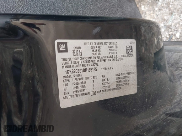 2013 GMC Yukon SLT with VIN 1GKS2CE01DR135135, listed as a IAAI auction lot 41828474 with 180,347 mi miles. Bid and sale history available at carsss.com. Image 9.