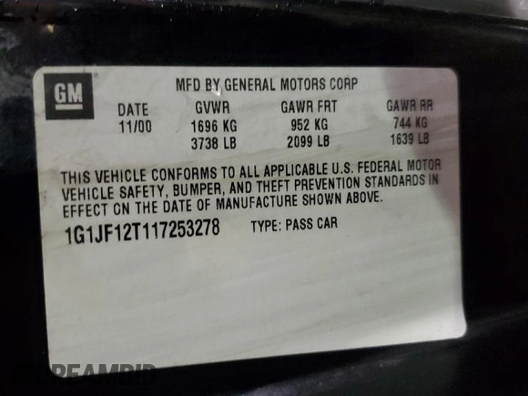2001 Chevrolet Cavalier with VIN 1G1JF12T117253278, listed as a Copart auction lot 41602855 with 50,228 mi miles and Clean Title. Bid and sale history available at DreamBid. Image 12.