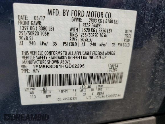 2017 Ford Explorer XLT z VIN 1FM5K8D81HGD02295, wystawiony jako Copart lot #62638805 z przebiegiem 83 614 mil mil oraz Czysty tytuł • Clean title. Historia ofert i sprzedaży dostępna na DreamBid. Obrazek 14.