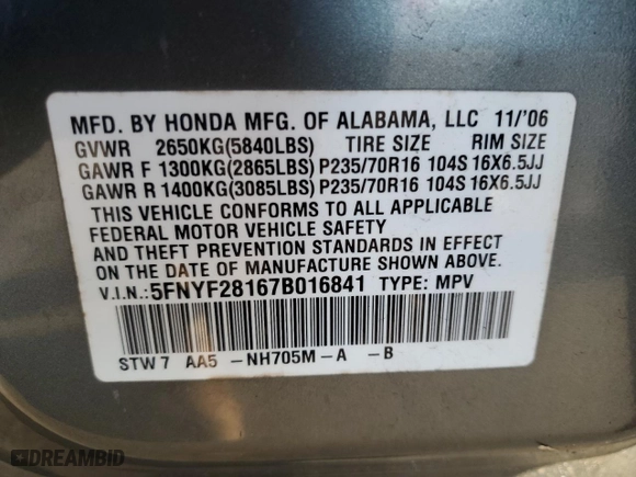 2007 Honda Pilot LX with VIN 5FNYF28167B016841, listed as a Copart auction lot 48018615 with 139,993 mi miles and Salvage Title. Bid and sale history available at carsss.com. Image 13.