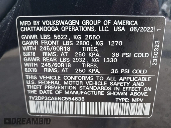 2022 Volkswagen Atlas SE with VIN 1V2DP2CA5NC554636, listed as a IAAI auction lot 41500393 with 38,491 mi miles and . Bid and sale history available at DreamBid. Image 9.