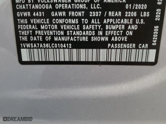2020 Volkswagen Passat 2.0T SE with VIN 1VWSA7A36LC010412, listed as a Copart auction lot 40148263 with 56,508 mi miles. Bid and sale history available at carsss.com. Image 13.