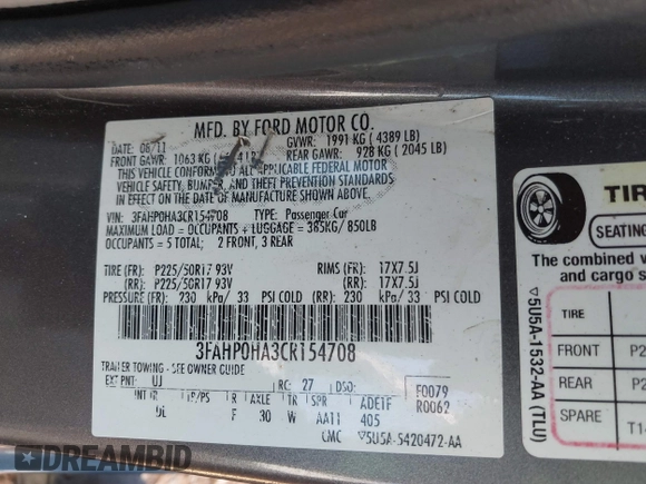 2012 Ford Fusion SE with VIN 3FAHP0HA3CR154708, listed as a IAAI auction lot 41664747 with 179,837 mi miles. Bid and sale history available at carsss.com. Image 9.