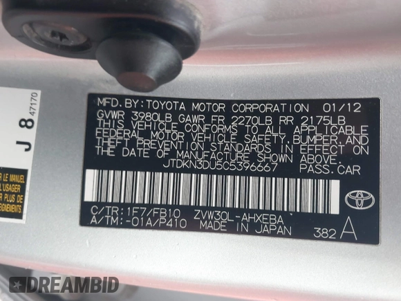 2012 Toyota Prius One with VIN JTDKN3DU5C5396667, listed as a IAAI auction lot 40961968 with 204,069 mi miles and . Bid and sale history available at carsss.com. Image 9.