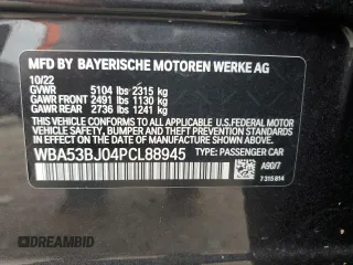 2023 BMW 5 Series 540i with VIN WBA53BJ04PCL88945, listed as a Copart auction lot 51529275 with Not provided miles and Salvage title. Bid and sale history available at DreamBid. Image 14.