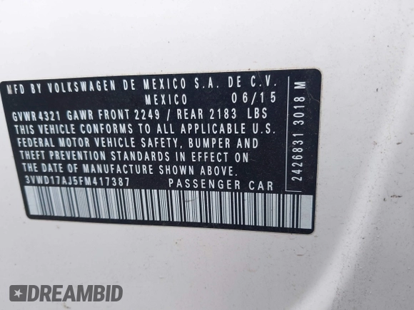 2015 Volkswagen Jetta SE with VIN 3VWD17AJ5FM417387, listed as a IAAI auction lot 41844455 with 106,939 mi miles and . Bid and sale history available at DreamBid. Image 9.