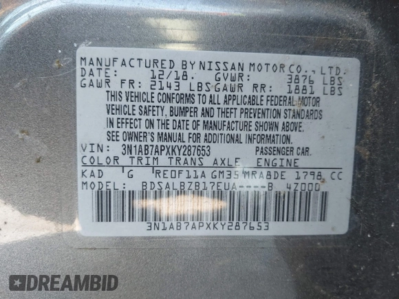 2019 Nissan Sentra SV with VIN 3N1AB7APXKY287653, listed as a IAAI auction lot 42068917 with 98,306 mi miles and . Bid and sale history available at DreamBid. Image 9.