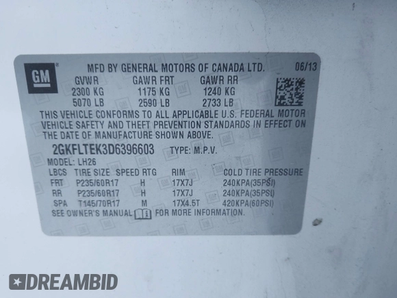 2013 GMC Terrain SLE with VIN 2GKFLTEK3D6396603, listed as a IAAI auction lot 41364219 with 140,896 mi miles. Bid and sale history available at carsss.com. Image 9.