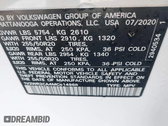 2021 Volkswagen Atlas SE z VIN 1V2WR2CA4MC514968, wystawiony jako IAAI lot #41414547 z przebiegiem 133 946 mil mil oraz . Historia ofert i sprzedaży dostępna na DreamBid. Obrazek 9.