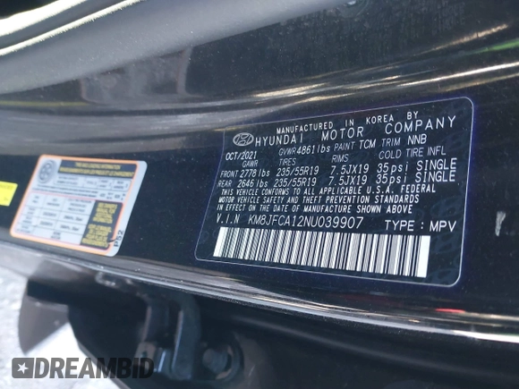 2022 Hyundai Tucson SEL Convenience with VIN KM8JFCA12NU039907, listed as a IAAI auction lot 41164495 with 60,466 mi miles and . Bid and sale history available at carsss.com. Image 9.