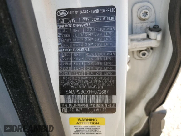 2015 Land Rover Range Rover Evoque Pure Plus with VIN SALVP2BGXFH072687, listed as a Copart auction lot 58975785 with 100,417 mi miles and Salvage title. Bid and sale history available at DreamBid. Image 13.