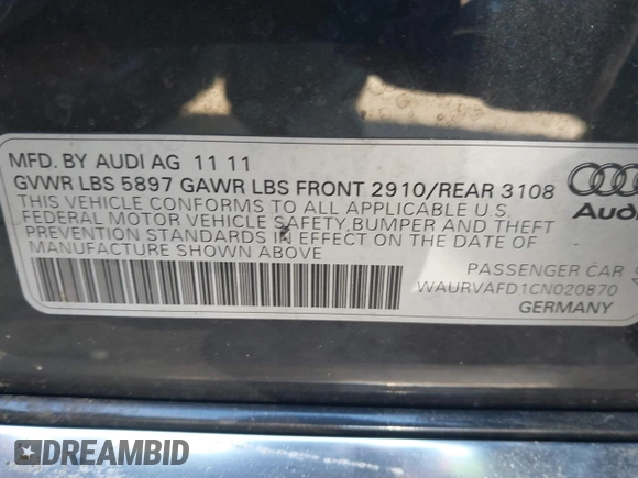 2012 Audi A8 L with VIN WAURVAFD1CN020870, listed as a IAAI auction lot 41701012 with 89,338 mi miles. Bid and sale history available at carsss.com. Image 9.