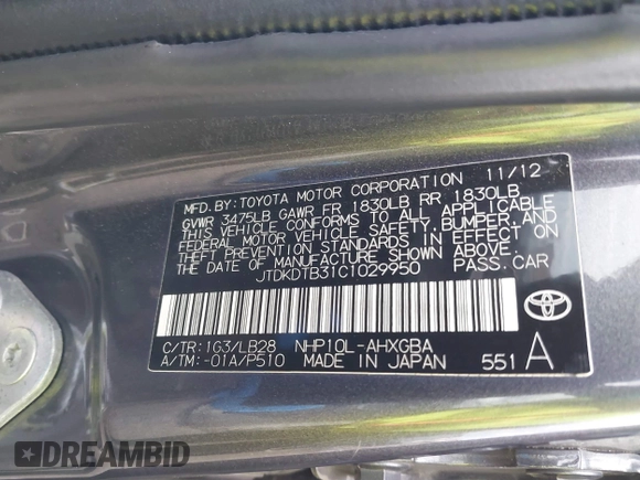 2012 Toyota Prius c One with VIN JTDKDTB31C1029950, listed as a IAAI auction lot 41223112 with 117,660 mi miles. Bid and sale history available at carsss.com. Image 9.