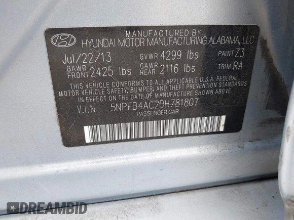 2013 Hyundai Sonata GLS z VIN 5NPEB4AC2DH781807, wystawiony jako IAAI lot #41958385 z przebiegiem 177 531 mil mil oraz . Historia ofert i sprzedaży dostępna na DreamBid. Obrazek 9.