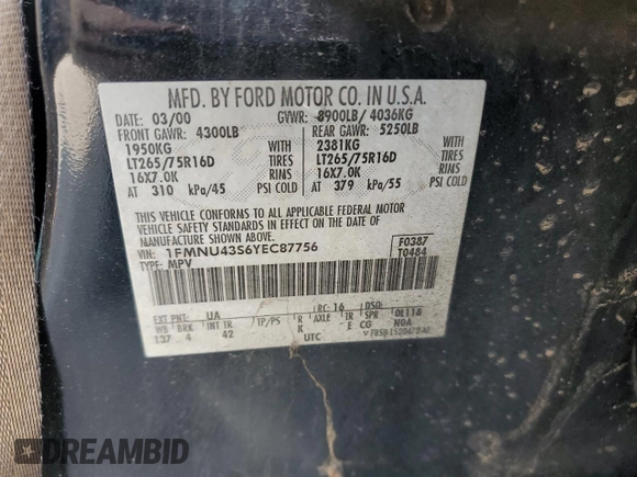 2000 Ford Excursion Limited with VIN 1FMNU43S6YEC87756, listed as a Copart auction lot 67281054 with 180,254 mi miles and Non repairable. Bid and sale history available at DreamBid. Image 14.
