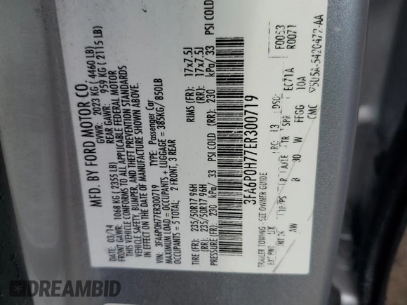 2014 Ford Fusion SE with VIN 3FA6P0H77ER300719, listed as a Copart auction lot 51086775 with 191,835 mi miles and Salvage Title. Bid and sale history available at carsss.com. Image 12.