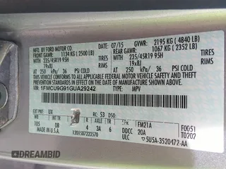 2016 Ford Escape SE with VIN 1FMCU9G91GUA29242, listed as a IAAI auction lot 42099898 with 125,330 mi miles. Bid and sale history available at carsss.com. Image 9.