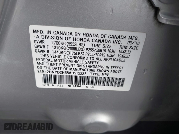 2010 Acura MDX Advance with VIN 2HNYD2H58AH512227, listed as a IAAI auction lot 40595803 with 178,308 mi miles and . Bid and sale history available at DreamBid. Image 9.