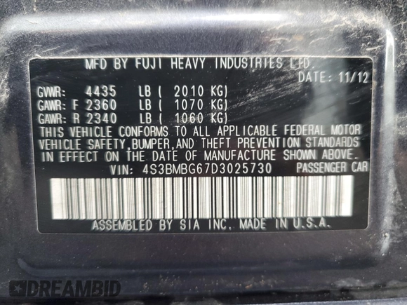 2013 Subaru Legacy Premium z VIN 4S3BMBG67D3025730, wystawiony jako Copart lot #59301895 z przebiegiem 126 657 mil mil oraz Szkoda całkowita • Salvage title. Historia ofert i sprzedaży dostępna na DreamBid. Obrazek 12.