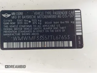 2007 MINI Hardtop with VIN WMWMF33557TL67653, listed as a IAAI auction lot 42581219 with 147,115 mi miles and . Bid and sale history available at DreamBid. Image 9.