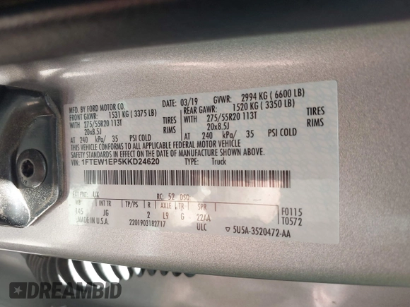 2019 Ford F-150 XL with VIN 1FTEW1EP5KKD24620, listed as a IAAI auction lot 42631896 with 123,583 mi miles and . Bid and sale history available at DreamBid. Image 9.