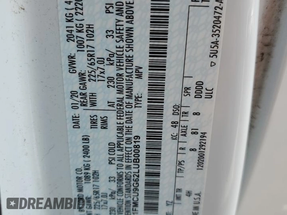 2020 Ford Escape SE с VIN 1FMCU9G62LUB00819, выставлен на аукционе Copart как лот 52768275 с пробегом 70 583 миль миль и На запчасти • Non repairable. История ставок и продаж доступна на DreamBid. Изображение 14.