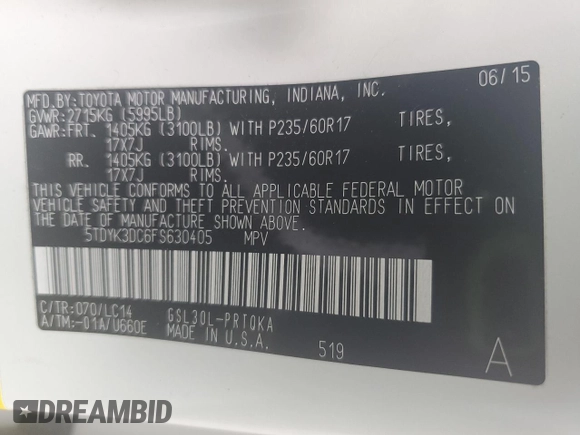2015 Toyota Sienna XLE with VIN 5TDYK3DC6FS630405, listed as a Copart auction lot 59872045 with 60,306 mi miles and Salvage title. Bid and sale history available at DreamBid. Image 14.