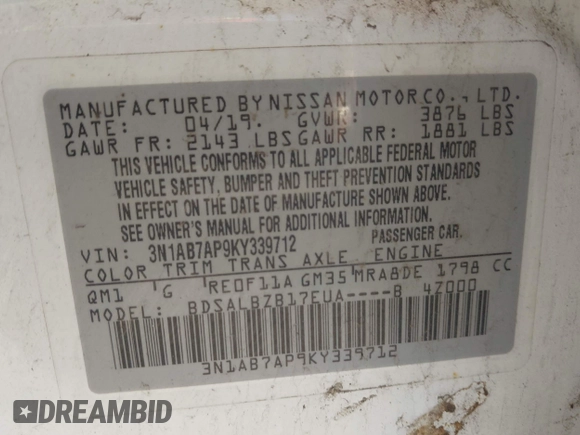 2019 Nissan Sentra S with VIN 3N1AB7AP9KY339712, listed as a IAAI auction lot 41984204 with 116,153 mi miles and . Bid and sale history available at DreamBid. Image 9.