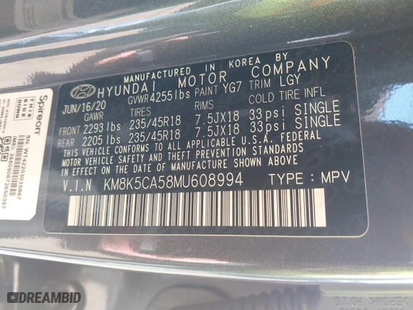 2021 Hyundai Kona Ultimate with VIN KM8K5CA58MU608994, listed as a IAAI auction lot 41334841 with 48,981 mi miles. Bid and sale history available at carsss.com. Image 9.