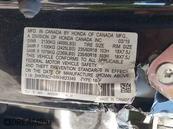 2019 Honda CR-V EX-L with VIN 2HKRW2H88KH623349, listed as a IAAI auction lot 39337313 with Not Provided miles and . Bid and sale history available at carsss.com. Image 9.