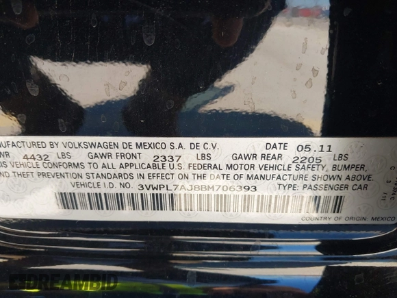 2011 Volkswagen Jetta TDI with VIN 3VWPL7AJ8BM706393, listed as a IAAI auction lot 42011036 with 136,397 mi miles and . Bid and sale history available at DreamBid. Image 9.