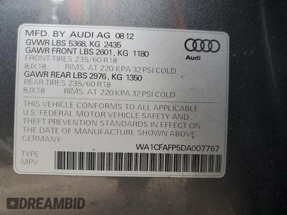 2013 Audi Q5 Premium with VIN WA1CFAFP5DA007767, listed as a Copart auction lot 41675085 with 179,656 mi miles and Salvage Title. Bid and sale history available at carsss.com. Image 14.
