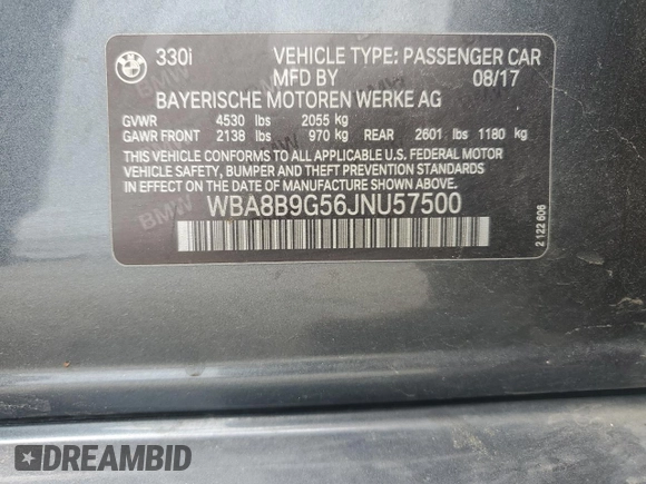 2018 BMW 3 Series 330i with VIN WBA8B9G56JNU57500, listed as a Copart auction lot 51907895 with 97,889 mi miles and Salvage title. Bid and sale history available at DreamBid. Image 12.