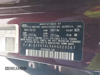 2019 Kia Optima LX with VIN 5XXGT4L34KG323567, listed as a IAAI auction lot 41770143 with 67,910 mi miles. Bid and sale history available at carsss.com. Image 9.