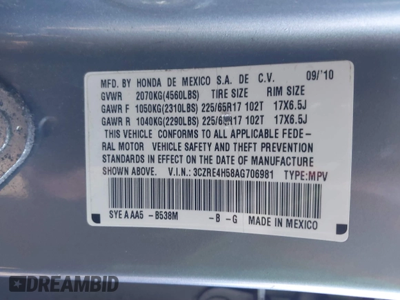 2010 Honda CR-V EX z VIN 3CZRE4H58AG706981, wystawiony jako IAAI lot #41655096 z przebiegiem 134 471 mil mil oraz . Historia ofert i sprzedaży dostępna na DreamBid. Obrazek 9.
