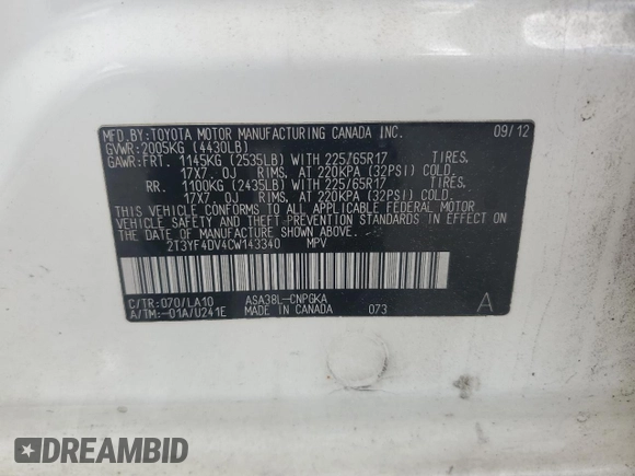 2012 Toyota RAV4 Limited with VIN 2T3YF4DV4CW143340, listed as a Copart auction lot 58168115 with 285,946 mi miles and Clean title. Bid and sale history available at DreamBid. Image 13.