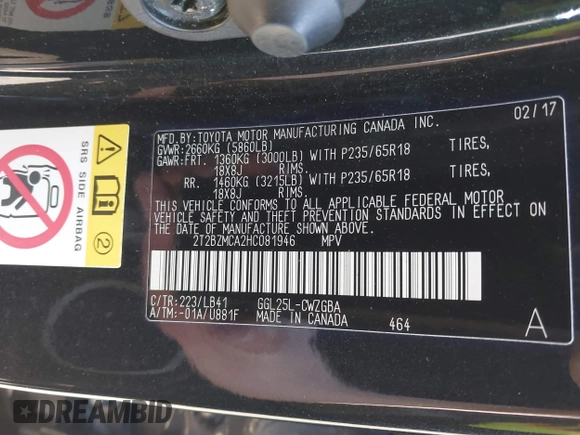 2017 Lexus RX 350 with VIN 2T2BZMCA2HC081946, listed as a IAAI auction lot 41769114 with 154,897 mi miles and . Bid and sale history available at DreamBid. Image 9.