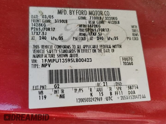 2005 Ford Expedition XLS with VIN 1FMPU13595LB00423, listed as a Copart auction lot 81937474 with 294,436 mi miles and Salvage Title. Bid and sale history available at carsss.com. Image 13.