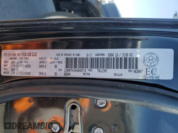 2017 Ram 1500 Laramie with VIN 1C6RR7NT6HS840719, listed as a Copart auction lot 60124375 with 100,115 mi miles and Salvage title. Bid and sale history available at DreamBid. Image 12.
